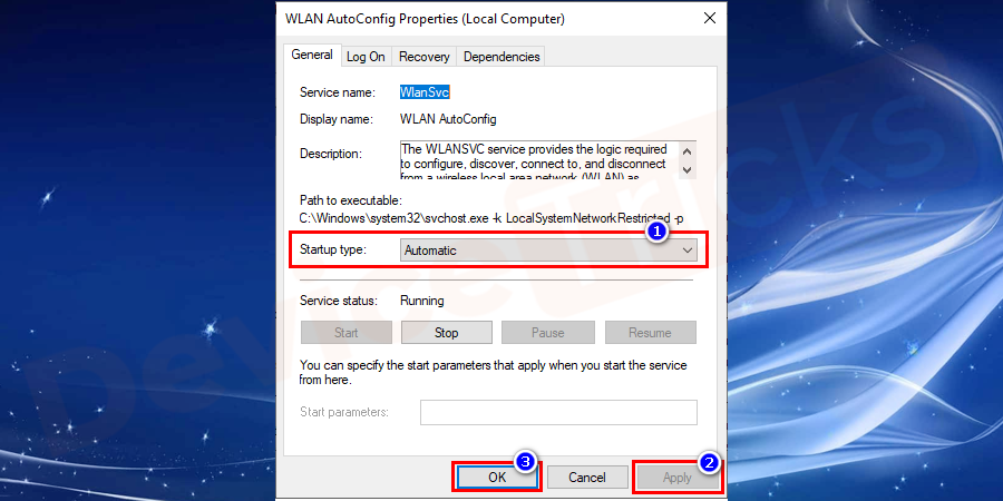 Wait, the process is yet not over. After completing the above task, double-click on ‘WLAN AutoConfig’ and from the featured window; select ‘Automatic’ option from the ‘Startup type’. And then click on the ‘Apply’ button and further click on the ‘OK’ button.