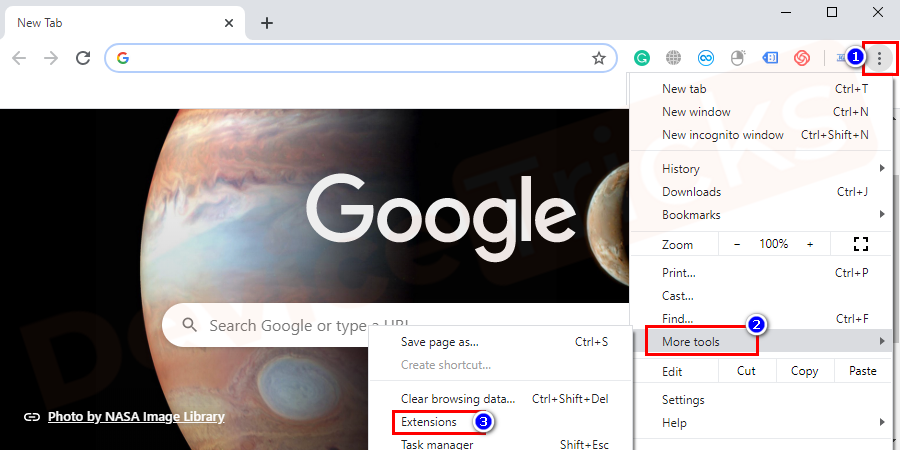    You have to open your browser. Click on the Menu option present at the top-right corner of the browser window. You will get drop-down options, navigate to more tools. On the next set of options, choose Extensions.